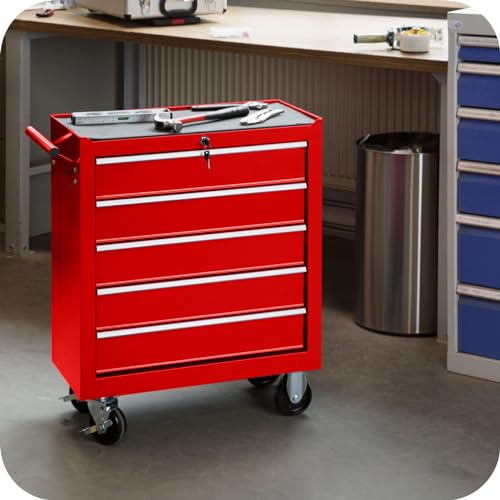 TecTake Werkzeugwagen mit 5 Schubfächer | Abschließbar | Mobiler Werkstattwagen - Diverse Farben - (Rot | Nr. 402796) – Bild 3