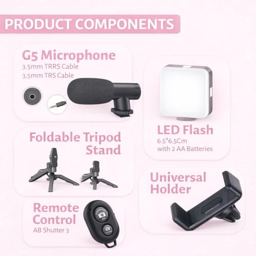 Image of 6 in 1 Mobile Video Recording Kit with Microphone & LED Light, Tripod Stand, Phone Holder & Bluetooth Remote, Professional Smartphone Vlogging Kit for Reels, Live Streaming, Content Creation