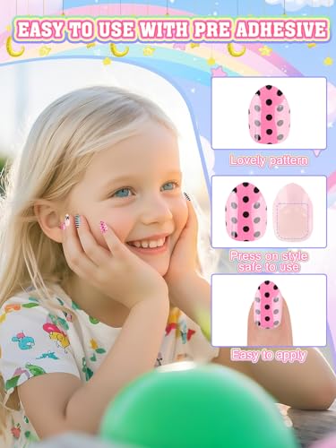72 Pieces Press on Nails for Kids, EBANKU 3 Pack Kid Fake Nail Kit Purple Flower Black Streak Press on Nails for Girls 8-12 Years with Jelly Nail Adhesives