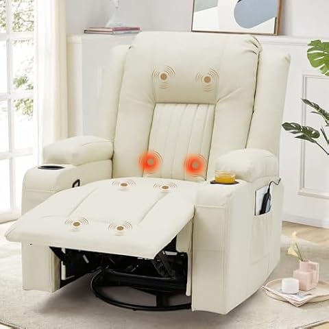 YODOLLA Massage Recliner with Heat,Cream White Leather Rocking Recliner Chair Swivel Recliners Lazy Boy Recliner Chair w/ 2Side Pockages, 2 Cup Holders for Living Room, RV Cover