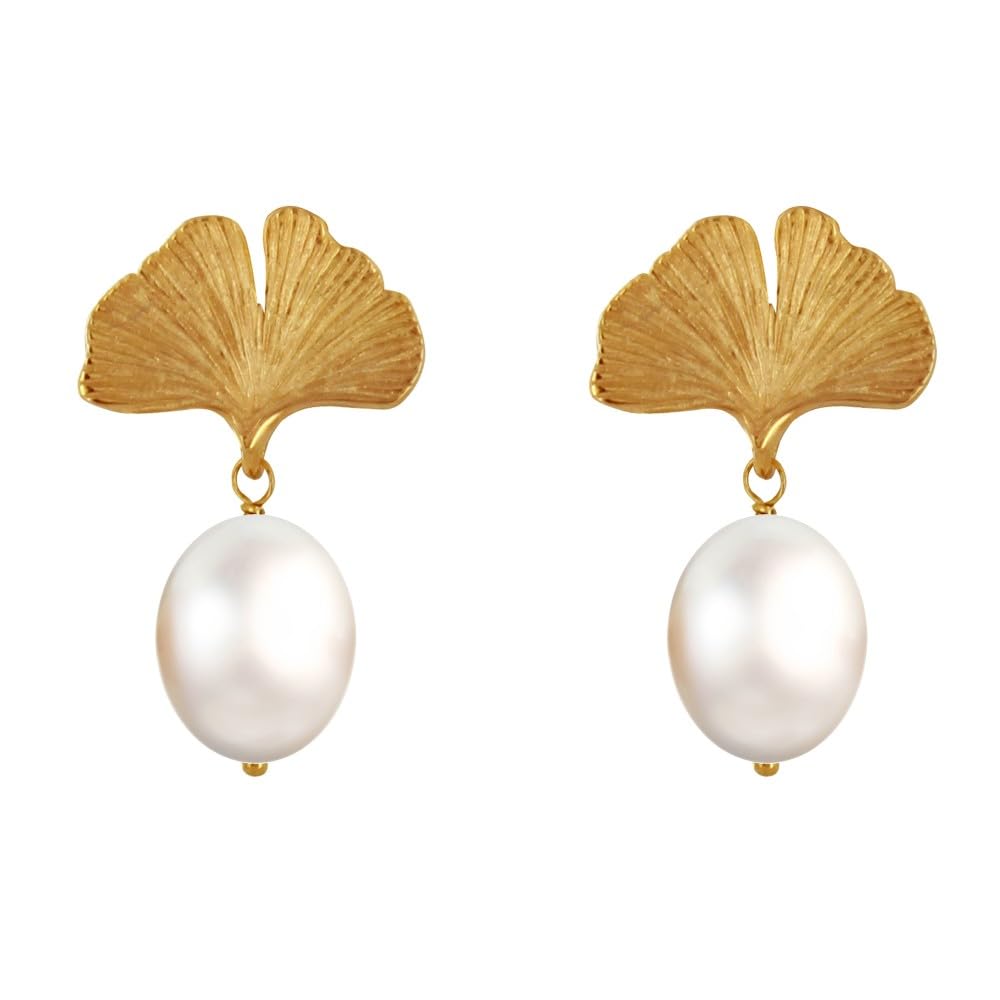 LES POULETTES BIJOUX - Orecchini a Bottone con Foglia di Ginkgo Placcata in Oro e Perle Bianche