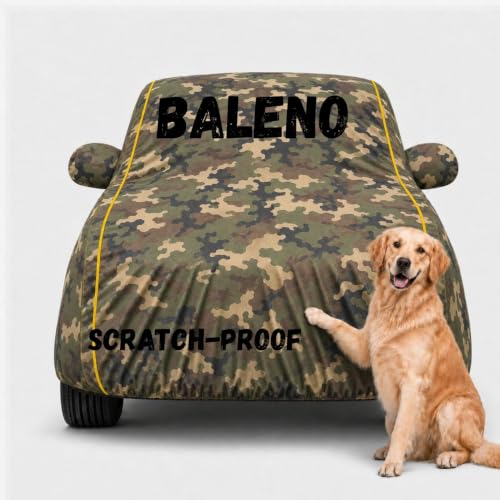 Image of Waterproof Car Cover for Baleno | Soft Cotton Lining Heavy Duty Triple Stitched Heat Resistant Outdoor Cover Comes with Mirror and Antenna Pocket Full Bottom Elastic (Zig Zag Jungle)