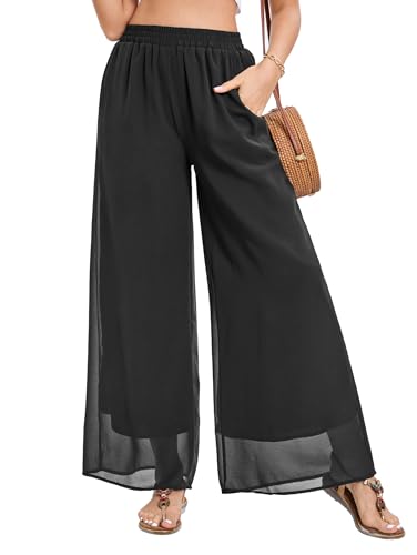 Famulily Damen Frühlings-Palazzo-Hose Doppellagige Chiffon-Hose Lässige Hose mit weitem Bein und Plissee Schwarz M