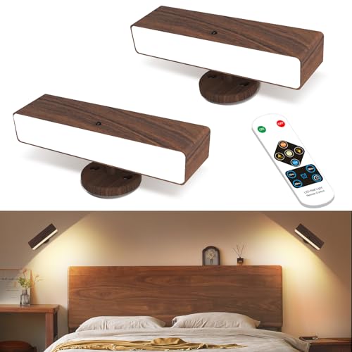 Battery Operated Wall Sconces Set of 2: Wireless Rechargeable Wall Light with Remote&Button, 360° Rotate Magnetic Scone Lighting LED Wall Mount Sconce Lamp for Bedroom Bedside Reading, Wood