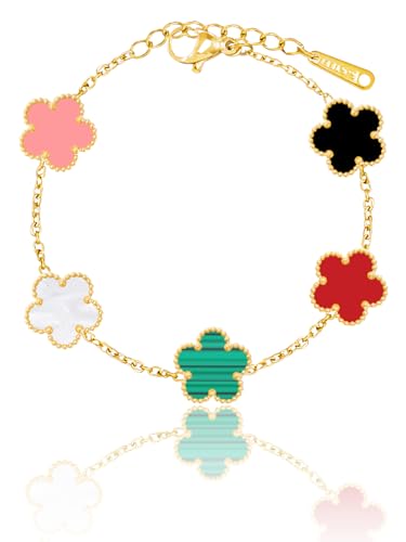 14K Gold Plated Dainty Colorful Five Leaf Clover Dot Bracelets for Women Lucky Flower Jewelry