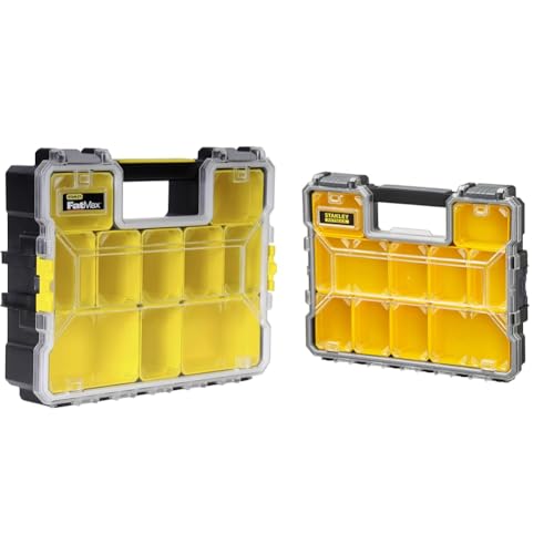 Stanley FatMax Aufbewahrungsbox & Stanley FatMax Werkzeug-Profi-Organizer (44.6 x 7.4 x 35.7 cm, flache Fächer, mit Klappdeckel und Kunststoffschnallen, 10 herausnehmbare Boxen) 1-97-519