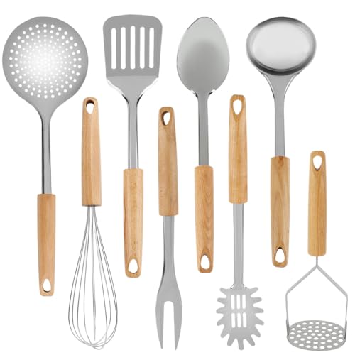 Keewah Cooking Utensil Set, 8 Piece, Stainless steel with Wood Handle
