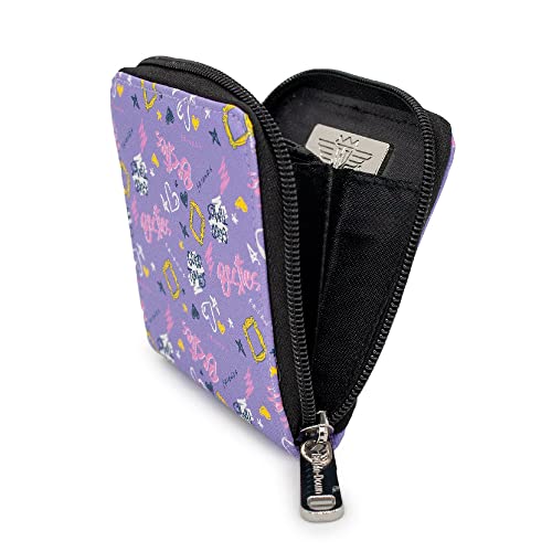 Buckle Down Friends Wallet, Square Zip Around, Icons and Quotes Collage, Lavender, Vegan Leather4