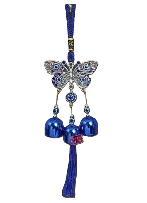 Butterfly Evil Eye Hanging with 3 Bells Wind Chime Decor for Home Car Wall Yoga Meditation Room Positive Energy Gift Item Nazar Protection Blue Free Size-image-44