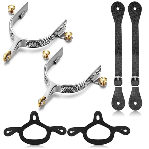 BrightRow 2 Pack Spurs for Cowboy Boots Men Women with 2 Pcs Leather Belt and Tie Down Straps, Stainless Steel Western English Horse Spurs with Rotatable Gear, Equestrian Accessories(Fish Scales)