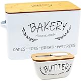 [Engraved Lid] Farmhouse Bread Box For Kitchen Countertop - With Large Ceramic Butter Dish With Knife- White Bread Box with Cutting Board - Perfect for Homemade Bread Storage or Bread Holder
