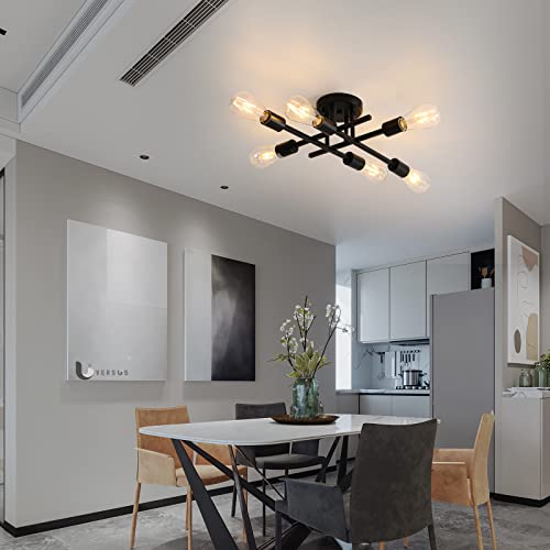 Industrial 6-Lights Semi Flush Mount Ceiling Light,Mqkiwao Farmhouse Close To Ceiling Light Fixture, Modern Kitchen Sputnik Chandelier For Bedroom, Bathroom, Dining Room, Living Room, Matte Black #TOP5