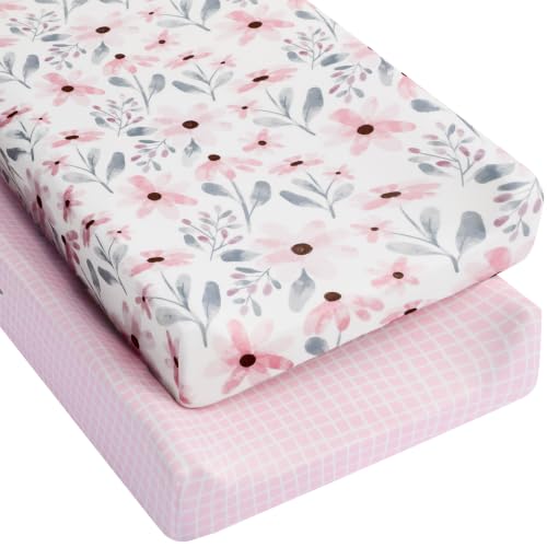 Image of Yoofoss 2-Pack Diaper Changing Pad Cover for Girls 32x16 (Gingham+Floral) | Soft & Easy-to-clean & Breathable, 360 Full Elastic Fit, Microfiber Fitted Sheets for Changing Table Pad