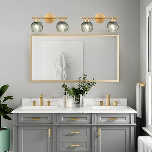Image of Gold Bathroom Light Fixtures Vanity Wall Light Over Mirror 2-Lights Green Glass Wall Sconces Mid Century Wall Mount Light Fixture Modern Wall Light for Bathroom Stairs Bedside Bedroom