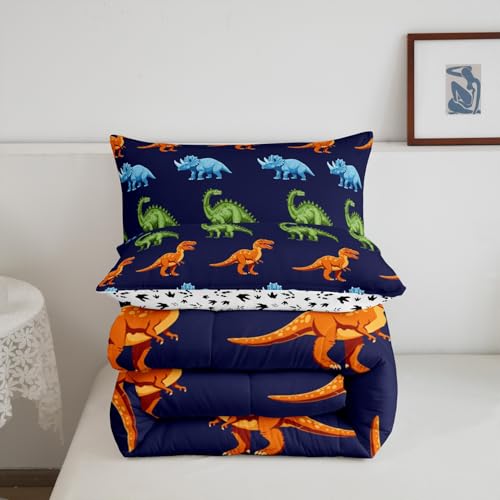 Image of Cartoon Dinosaur Bedding Set Full, Dark Blue Dinosaur Comforter Set for Kids Dinosaurs Print Comforter Boys Girls Jungle Dino Duvet Set Breathable Bedroom Decor with 2 Pillow Case