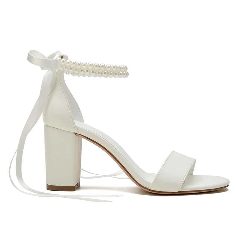 Women's Wedding Block Heels for Bride Women Pearls Chunky Heeled Pumps Open Toe Bridal Shoes Sandals4