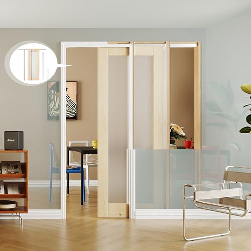 Image of Interior Pocket Door, 1-Lite Frosted Glass Pantry Door Panel with Frame and Hardware Kit Set Plus Door Jamb, 30 inch x 80 inch Single Closet Door Slab for Sliding Door, No Panel Assembly Required