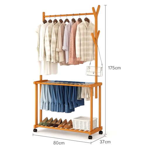 Image of LEOPAX Rolling Coat Rack, Bamboo Garment Rack, Clothes Hanging Rail With 2 Shelves 4 Hooks for Shoes, Hats & Scarves, Clothes Stand For Hallway, Living Room, Guest Room (Size : 80x37x175cm) - Beige