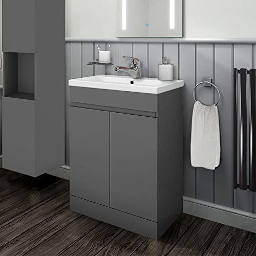 Biubiubath 600mm Bathroom Sink Unit with Basin Matt Grey 2 Soft Close Doors Freestanding Bathroom Suite with Vanity Unit