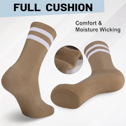 Image of Ultrafun 5 Pairs Striped Crew Socks Cotton Cushioned Athletic Sports Running Socks for Men Women Teens