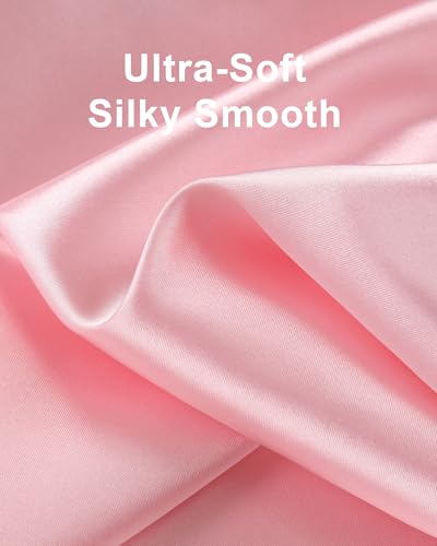 Image of 3 Piece Silk Satin Pajamas Set for Women Soft Short Sleeve Christmas Pjs Silky V Neck Sleepwear with Top Shorts and Pants,Pink,M