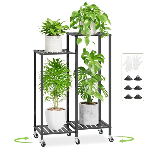 iDavosic.ly 4 Tier Plant Stand Indoor with Wheels, Metal Tiered Corner Flower Holder Shelf Outdoor for Large Pots, Tall Rolling Rack for Patio Porch Garden Balcony Living Room, Modern Black