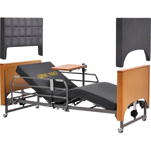 Electric Hospital Bed for Home Use with Dual-Layer Foam Mattress - German LIMOSS Motor, 5 Functions | Double Solid Wood - Adjustable 8.5"-25" Height, Medical Overbed Table & Foldable Rails