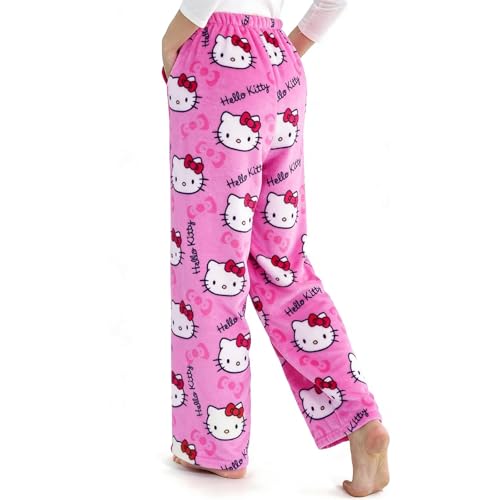 Pyjama Hose Damen Schlafanzughose Lang Flanell Pyjamas Hose mit taschen Schlafanzug Weich Kawaii Anime Bequeme Cartoon Casual Frauen Schlafhose Herbst-Winter Warm Weihnachten Halloween Homewear(M)