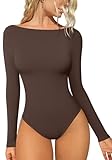OQQ Bodysuits for Women Boatneck Long Sleeve Basic Stretch Classic-Fit Tops Sexy Bodysuit Darkbrown