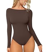 OQQ Bodysuits for Women Boatneck Long Sleeve Basic Stretch Classic-Fit Tops Sexy Bodysuit