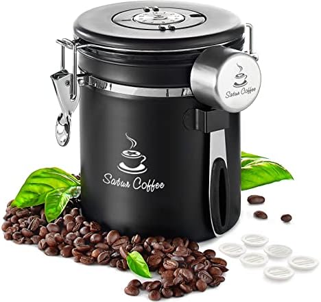 Coffee Canister Airtight Coffee Container - Stainless Steel Coffee Storage for Beans, Grounds, Tea, Sugar - Airtight Canister with Date Tracker, Scoop, CO2 Filters, Medium Coffee Jar 455g, Black