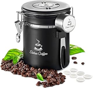 Coffee Canister Airtight Coffee Container - Stainless Steel Coffee Storage for Beans, Grounds, Tea, Sugar - Airtight Canister with Date Tracker, Scoop, CO2 Filters, Medium Coffee Jar 455g, Black