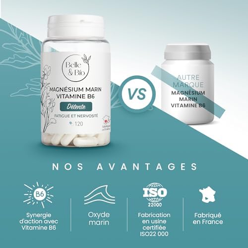RÉDUCTION FATIGUE & DÉTENTE - Magnésium Marin & Vitamine B6-120 gélules - Cure 1 mois - Complément Alimentaire BELLE&BIO - Fabriqué en France – vue 2