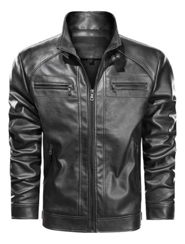 Jaqueta Masculina Couro Ecol&oacute;gico Slim Motoqueiro Estilo Biker Forrada Inverno Gola Alta com Z&iacute;per...