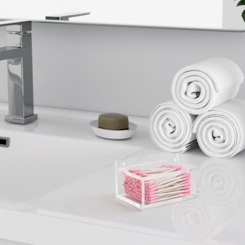 WORHE Q-Tip-Halter mit Deckel, Acryl-Wattebäusche- und Wattestäbchen-Organizer, Q-Tip-Spender für Schminktisch oder Arbeitsplatte,Make-up-Pads und Kosmetik-Aufbewahrungsbox(DP051)