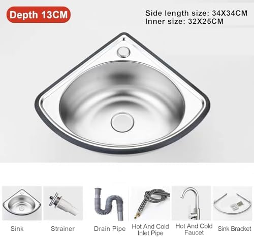 Corner Stainless Steel Sink - Wall-Mounted Laundry/Utility Sink with Drainer & Faucet, 34x34cm, Depth 13cm, Perfect for Bathroom, Garage, Restaurant, and Kitchen Use.