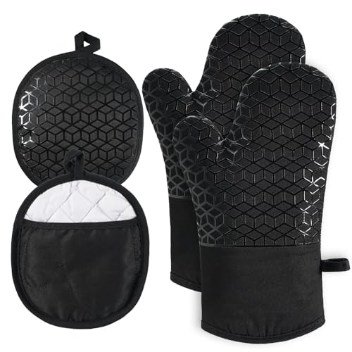 Oven Mitts and Pot Holders,500 ℉ Heat Resistant Oven Mitts Sets,Silicone Oven Gloves, Non-Slip Silicone Textured Grip,Black