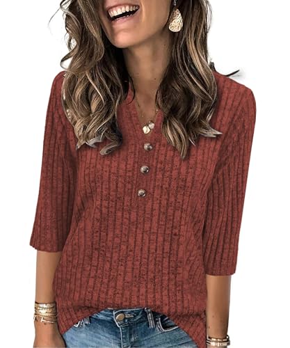 Womens Sweaters 3/4 Length Sleeve Tops Fall Fashion V Neck Pullover Casual Blouses Loose Sweatshirt Winter Clothes2