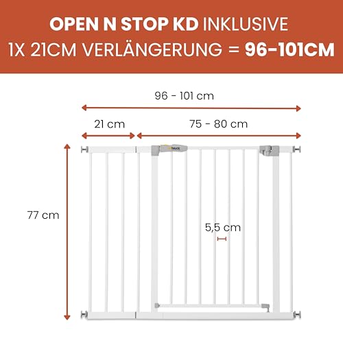 hauck Open N Stop KD + 21 cm Verlängerung, Weiß - Schutzgitter für Türen & Treppen, Breite Verstellbar 96-101 cm, 77 cm Hoch, ohne Bohren, für Kinder & Hunde, Einhändiges Öffnen in beide Richtungen