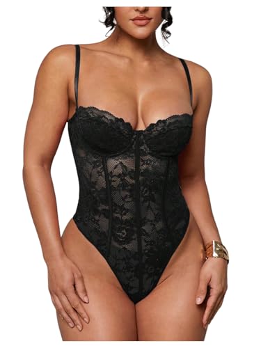 SweatyRocks Womens Sheer Lace Spaghetti Strap Underwire Bodysuit Corset Tops Sexy Skinny Leotard Black Small