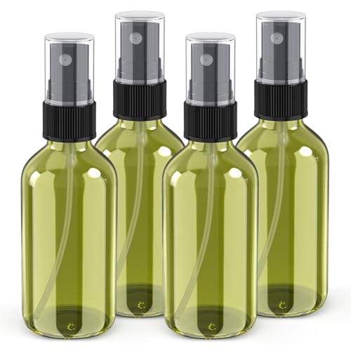 Wedama 2 oz Mini Glass Spray Bottles, Empty Small Spray Bottles with Funnel Dropper, Fine Mist for Hair, Travel, Plants, Cleaning Solutions and Skin Care (4 Pack Amber)