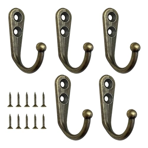 Ulvironte 5Pcs Vintage Coat Hooks Wall Mounted Antique Hook with 10 Screws Heavy Duty Bronze Coat Hooks Single Metal Robe Hooks for Kitchen Bathroom Bedroom Hanging Bag Clothes(Color:Bronze)