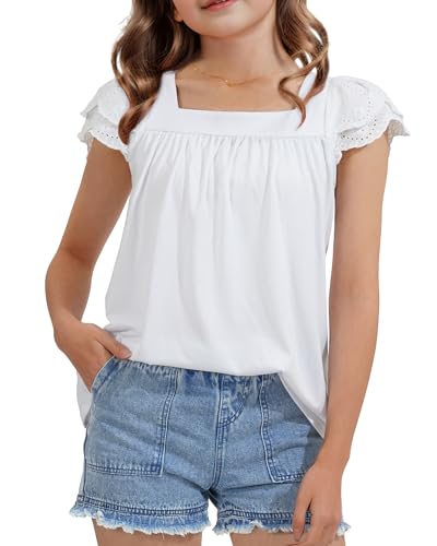 KEREDA Girls Short Sleeve Shirts Summer Tunic Tops Lace Openwork Ruffled Girls Cute Square Neck Clothes Blouse 5-14 Years