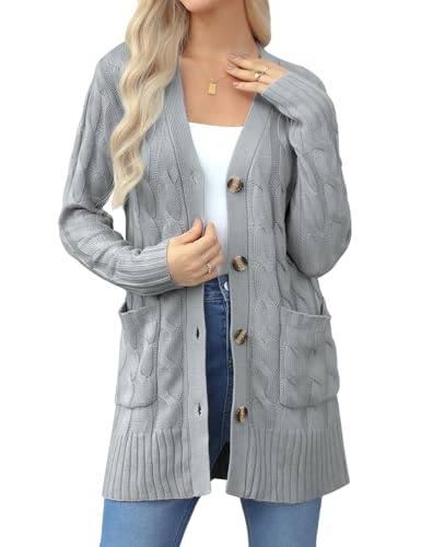 Aottori Jersey Cárdigan Largo Mujer Manga Larga Chaqueta de Punto Elegante Cardigan Clásico Sólido Abertura Fronta Suéteres con Botones Gris M
