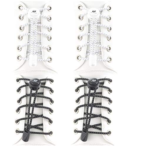 NO TIE (Tieless) Elastic Shoelaces - REFLECTIVE Running Gear for Kids and Adults - Shoe Lace for Sneakers With Strong Locks Button by Sport2People (black-white)