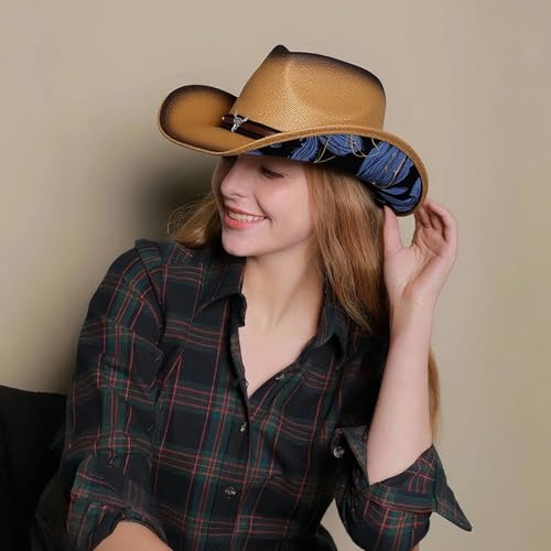 Image of Cowboy Hats for Women, Brown Cowgirl Hats Classic Straw Western Hats for Women Music Festival Party Beach.