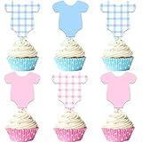 Blue and Pink Jumpsuits Cupcake Toppers 24PCS Baby Gingham Bodysuit Theme Party Decorations Baby Bodysuit Cake Toppers for Boys Girls Gender Reveal Party Supplies