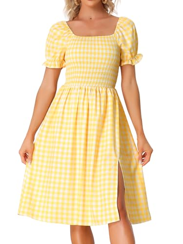 Allegra K Mujer Vestido Verano Tartán Midi Manga Corta con Cuello Cuadrado Y Manga Corta Vestidos Casuales A Cuadros Amarillo S