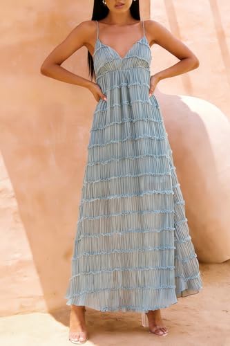 Image of Yiulangde Women's Backless Smocked Summer Long Dress Blue Ruched Flowy Vacation Maxi Dress Sexy Tie Side Cut Out Beach Sun Dress Y2k Open Back Casual Sundress