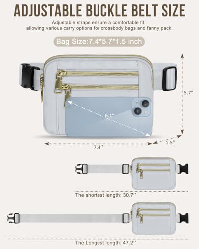Image of Fanny Packs for Women 4 Zip Pocket Crossbody Belt Bag Waist Bags | Waterproof, Fashion Waist Pack, Crossbody Bags for Women, with Adjustable Strap, for Workout,Running,Traveling(Light Grey,M)